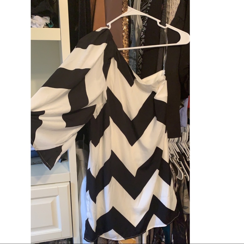 One shoulder black and white chevron dress
